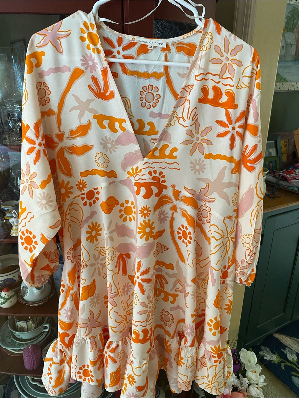 Orange & Pink Floral V-Neck Tiered Dress